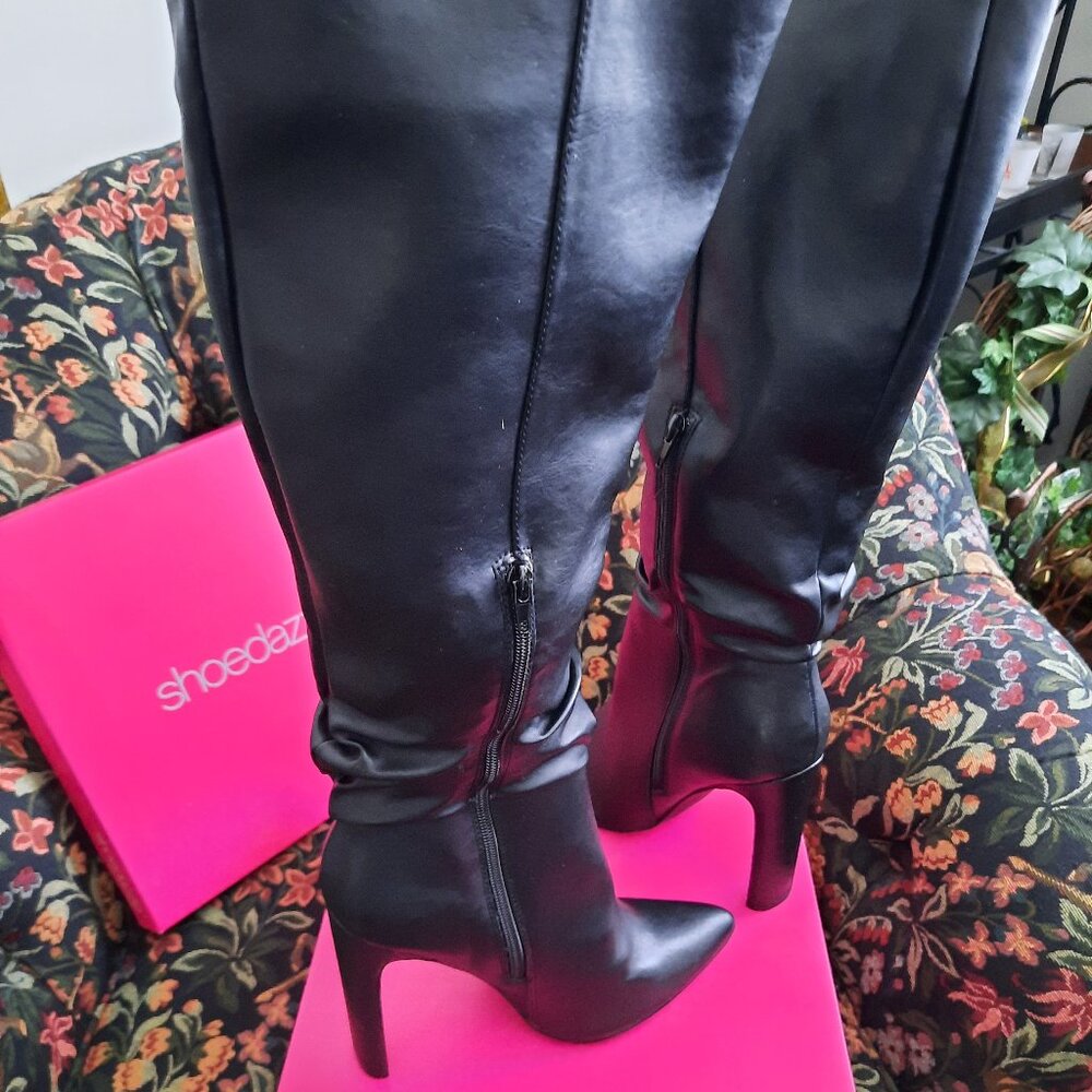LADIES NEW BLACK SHOEDAZZLE KNEE-HIGH SLOUCHY BOOTS 3" FLAT HEEL SIZE 8